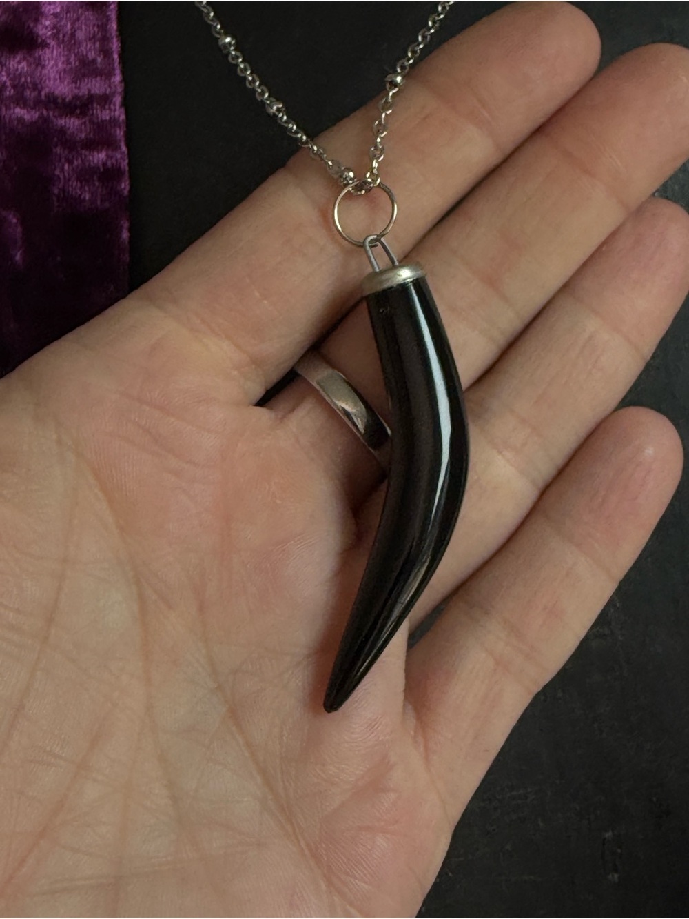 Black obsidian Horn Pendant Necklace protection jewelry witchy southern gothic - Picture 4 of 6